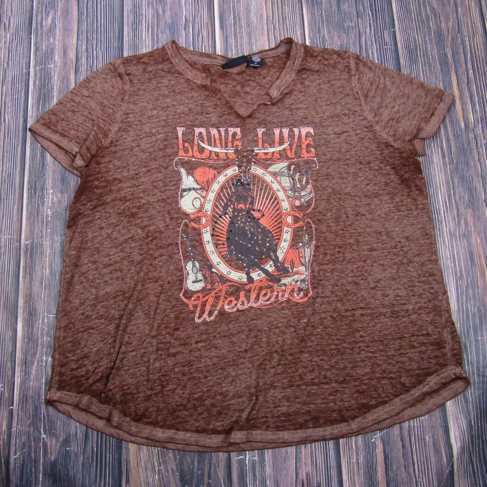 Joei & I Womens 2X Brown V-Neck T-Shirt Rhinestone Studded Jersey Casual